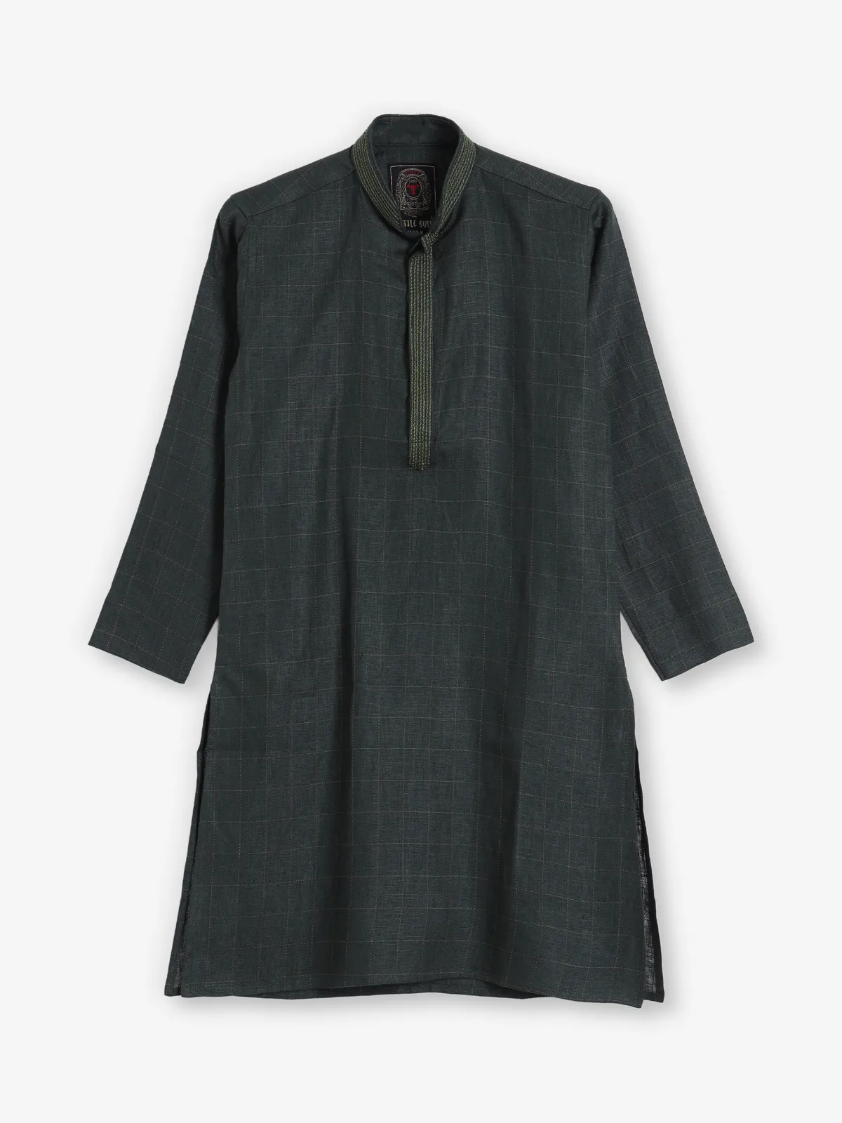 Dark green checks cotton silk festive kurta suit