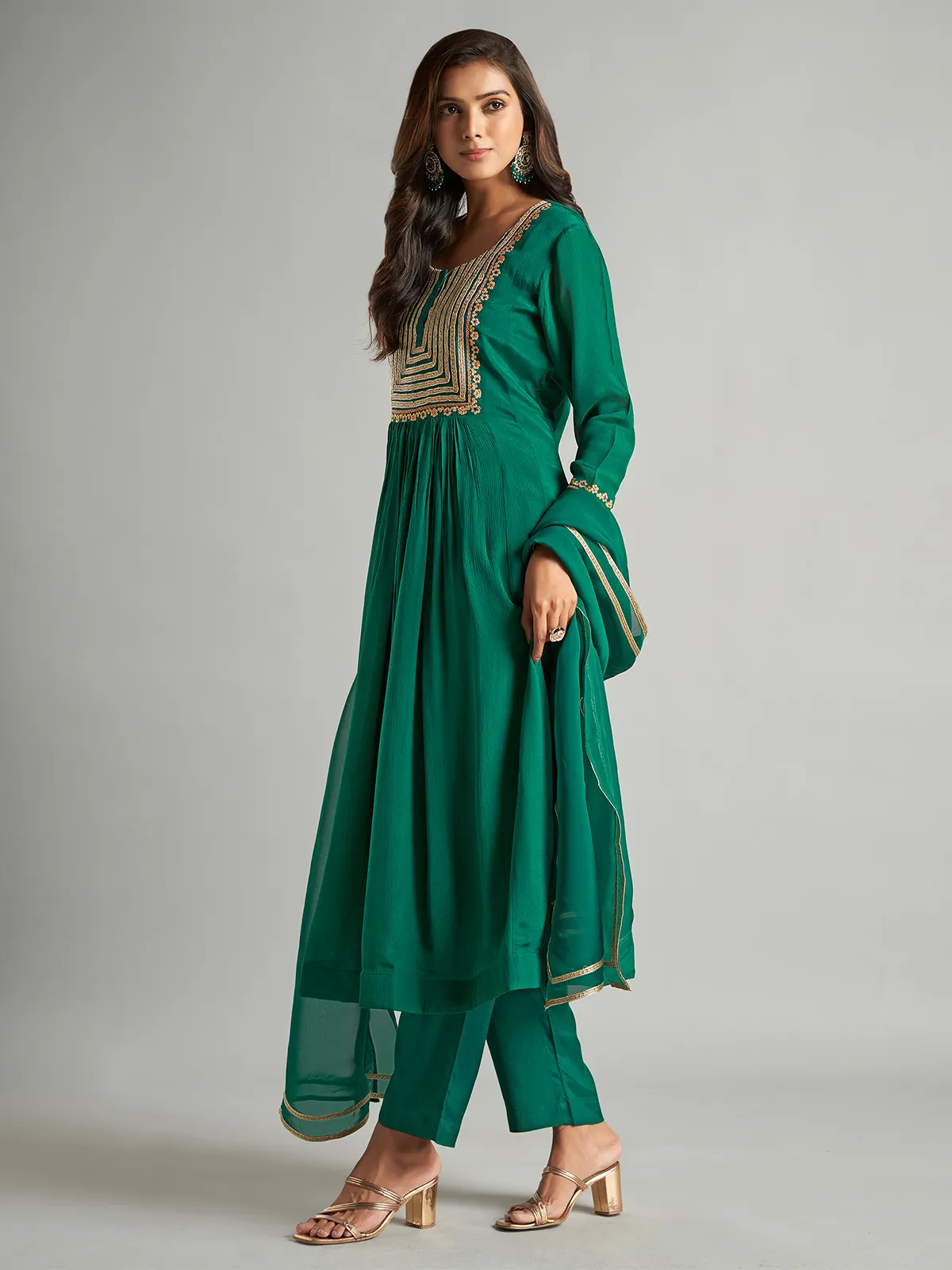 Dark green chiffon salwar suit for festive