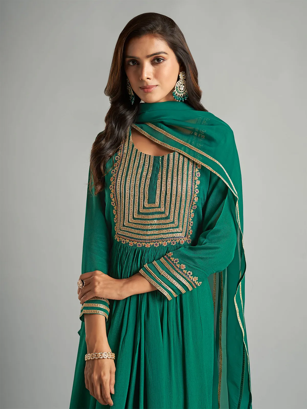 Dark green chiffon salwar suit for festive