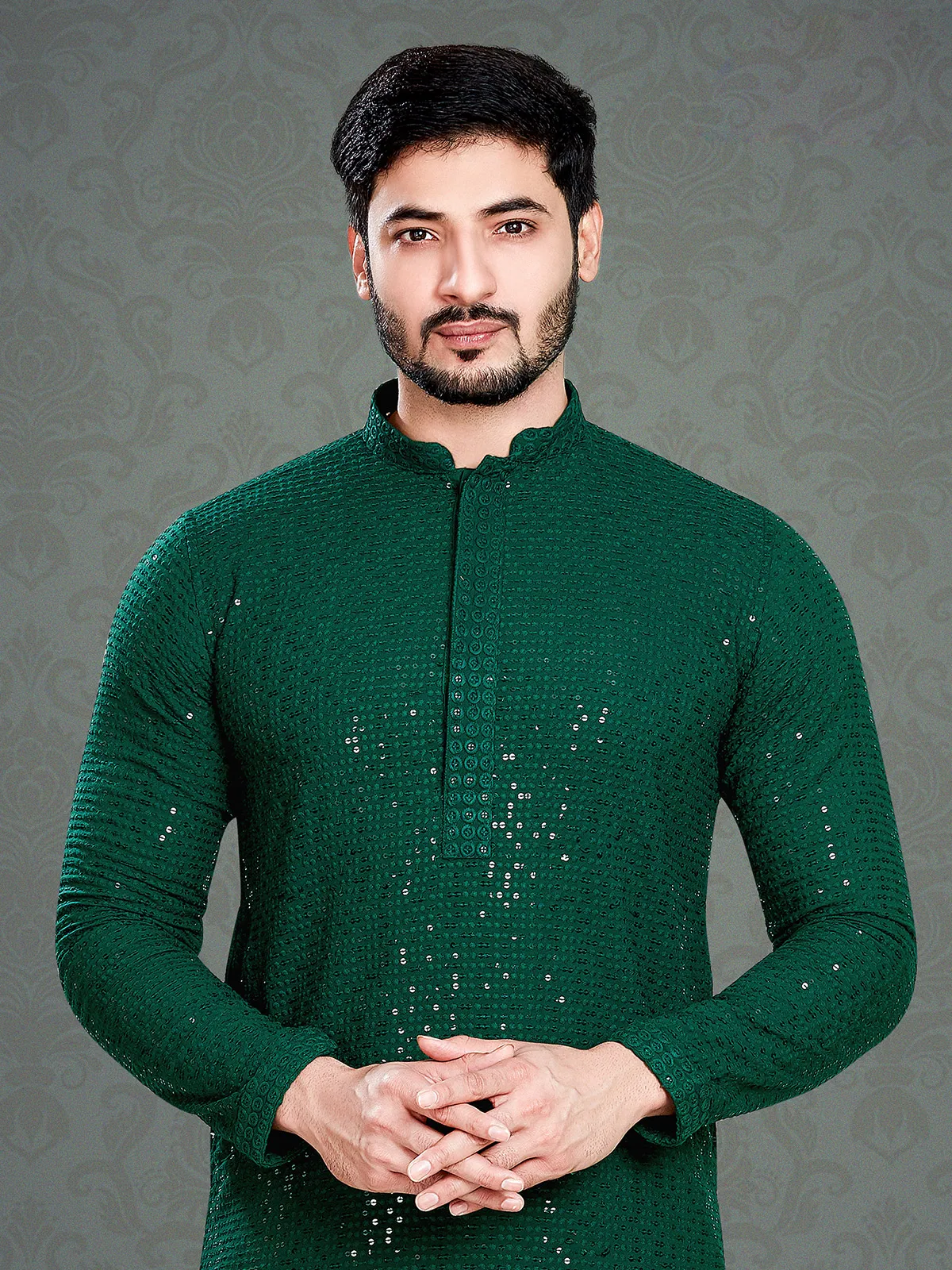 Dark green cotton embroidery kurta