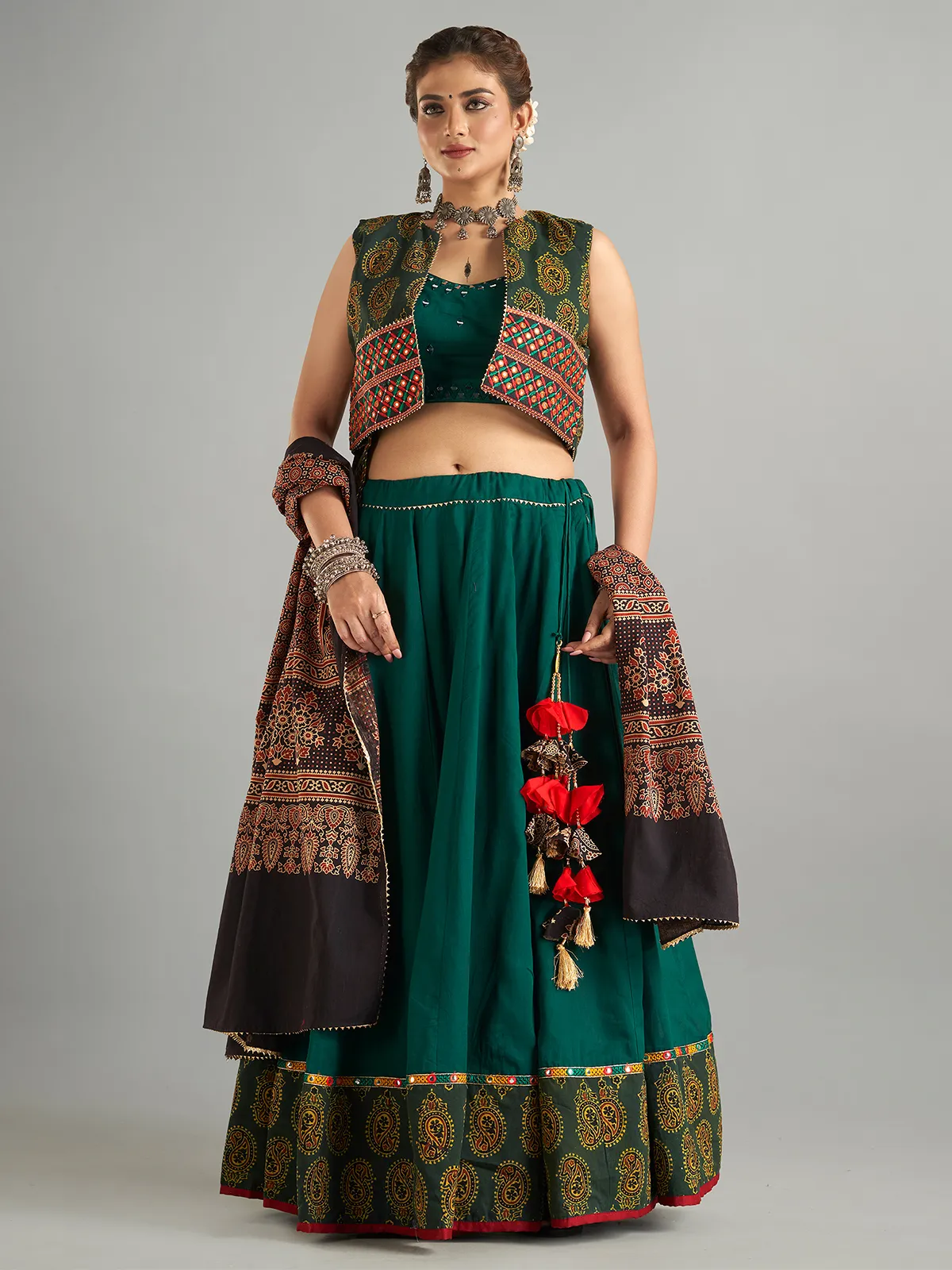 Dark green cotton jacket style chaniya choli