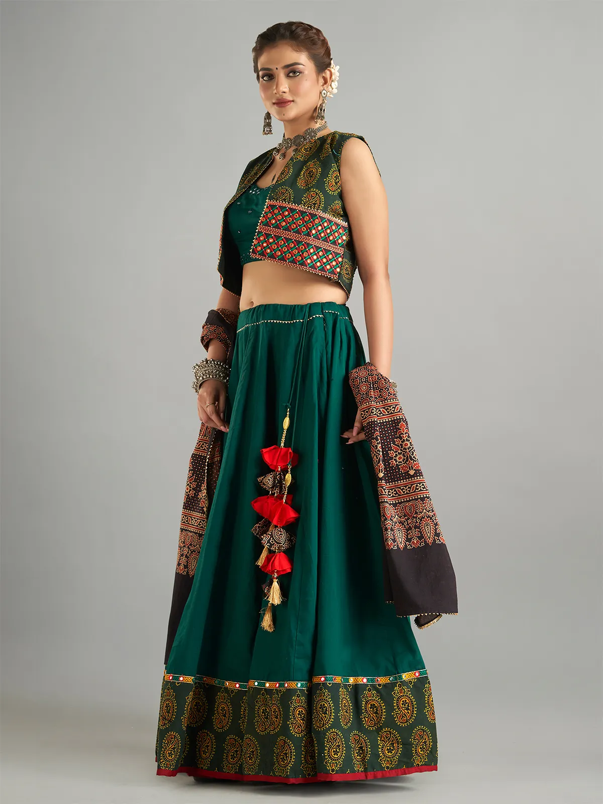 Dark green cotton jacket style chaniya choli