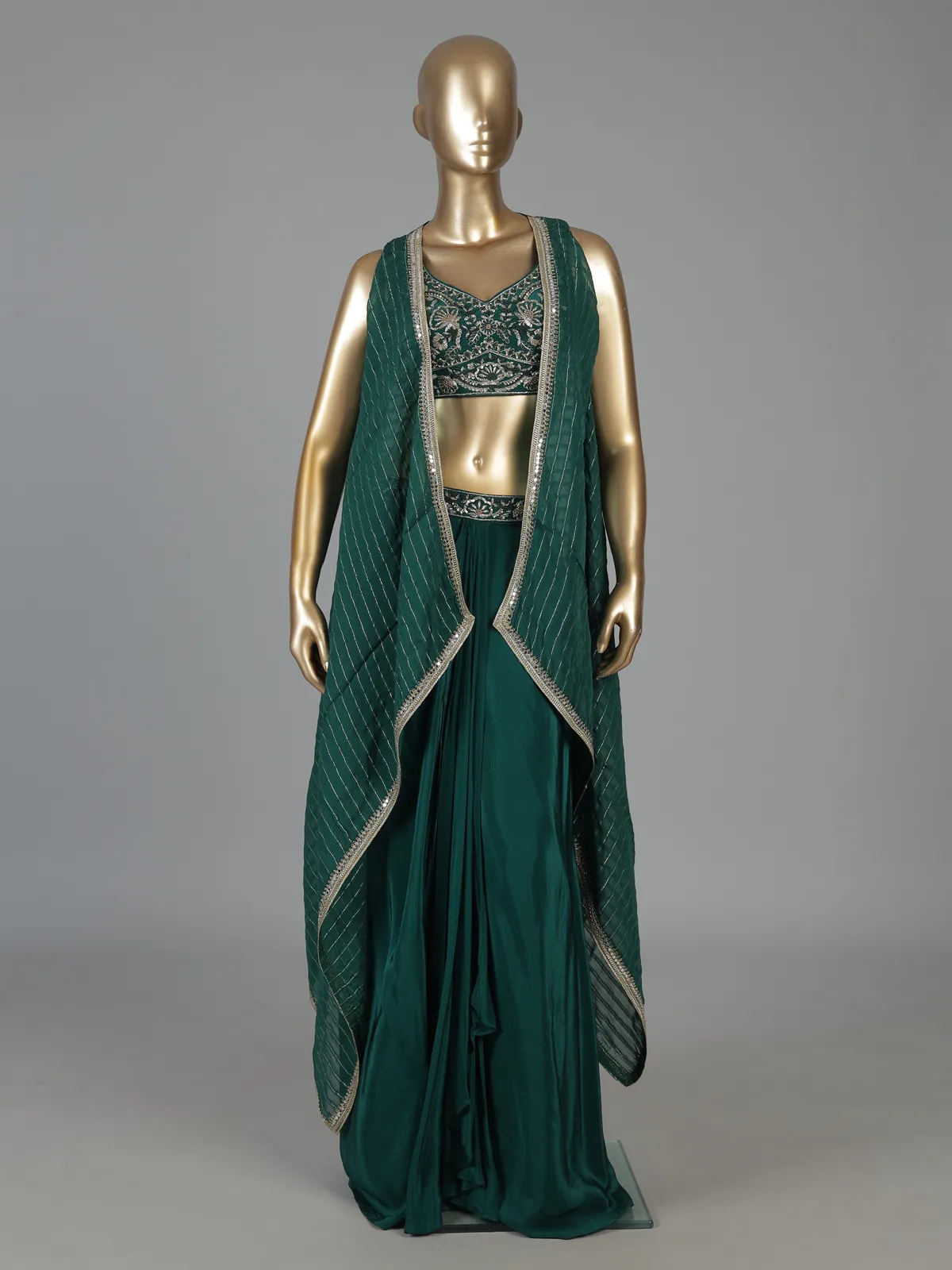 Dark green embellished indo western festive salwar...