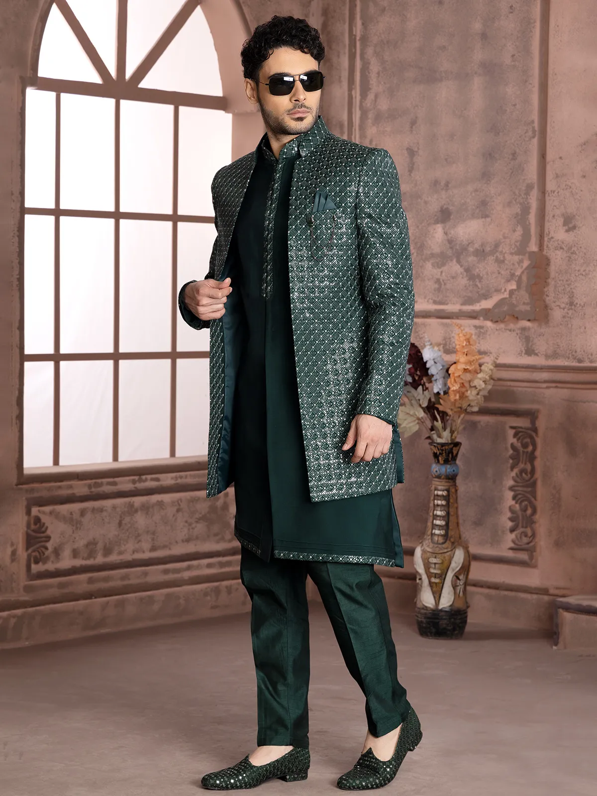 Dark green embroidery indowestern