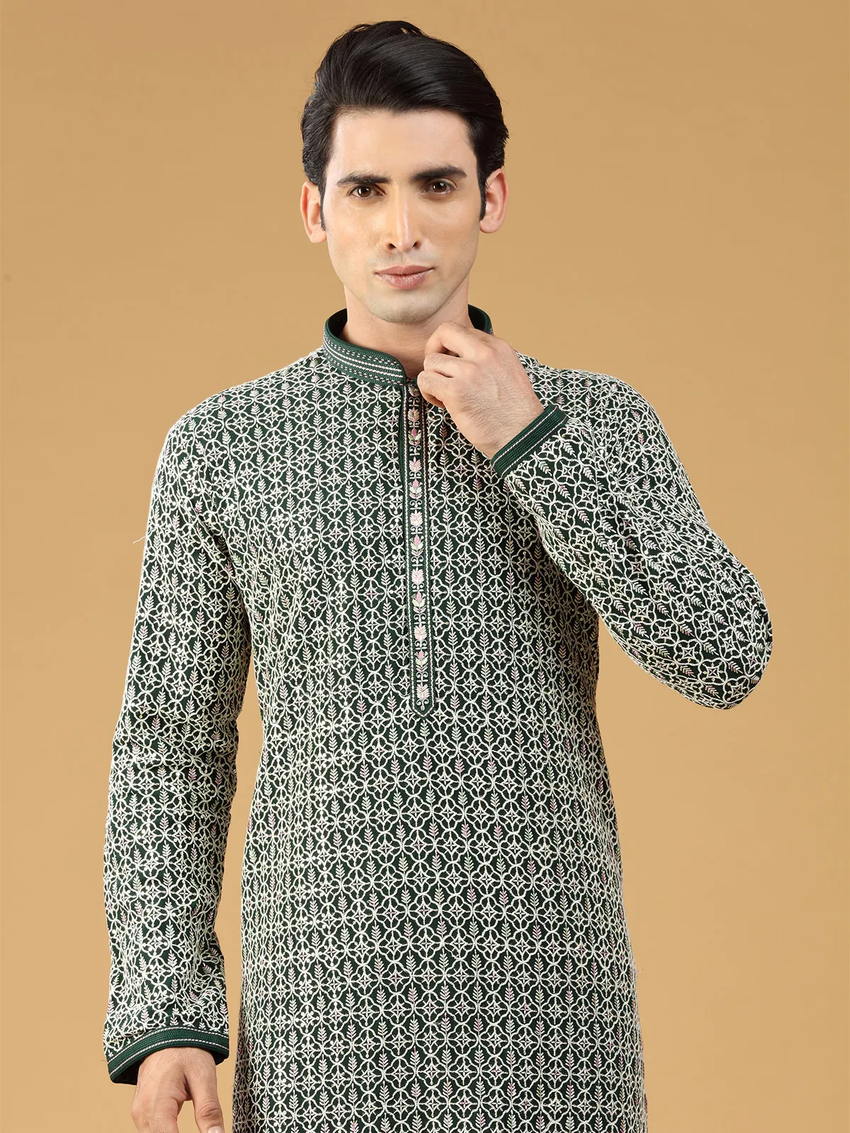 Dark green georgette  Men Kurta pajama