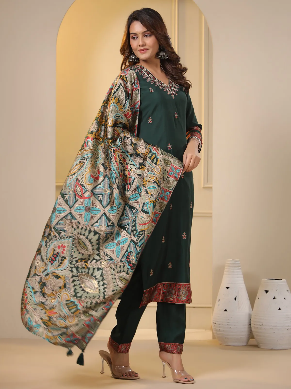 Dark green kurti set with printed dupatta