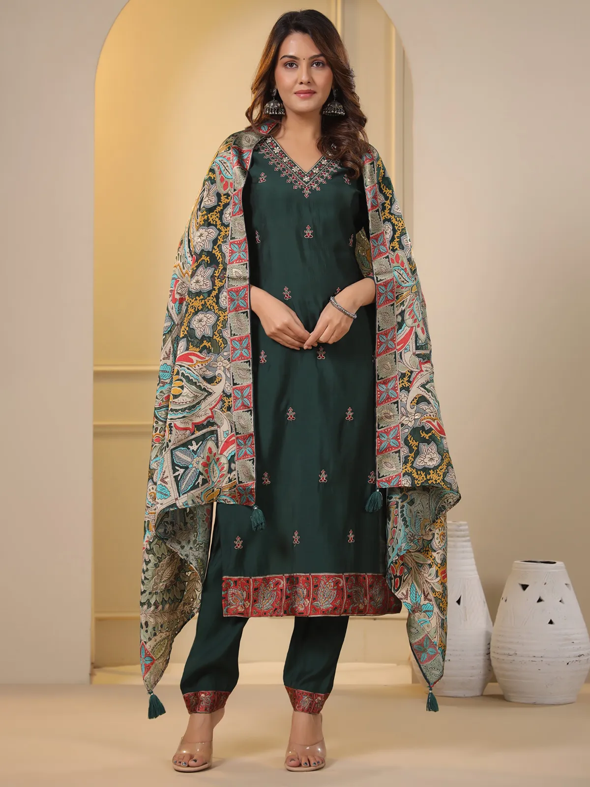 Dark green kurti set with printed dupatta