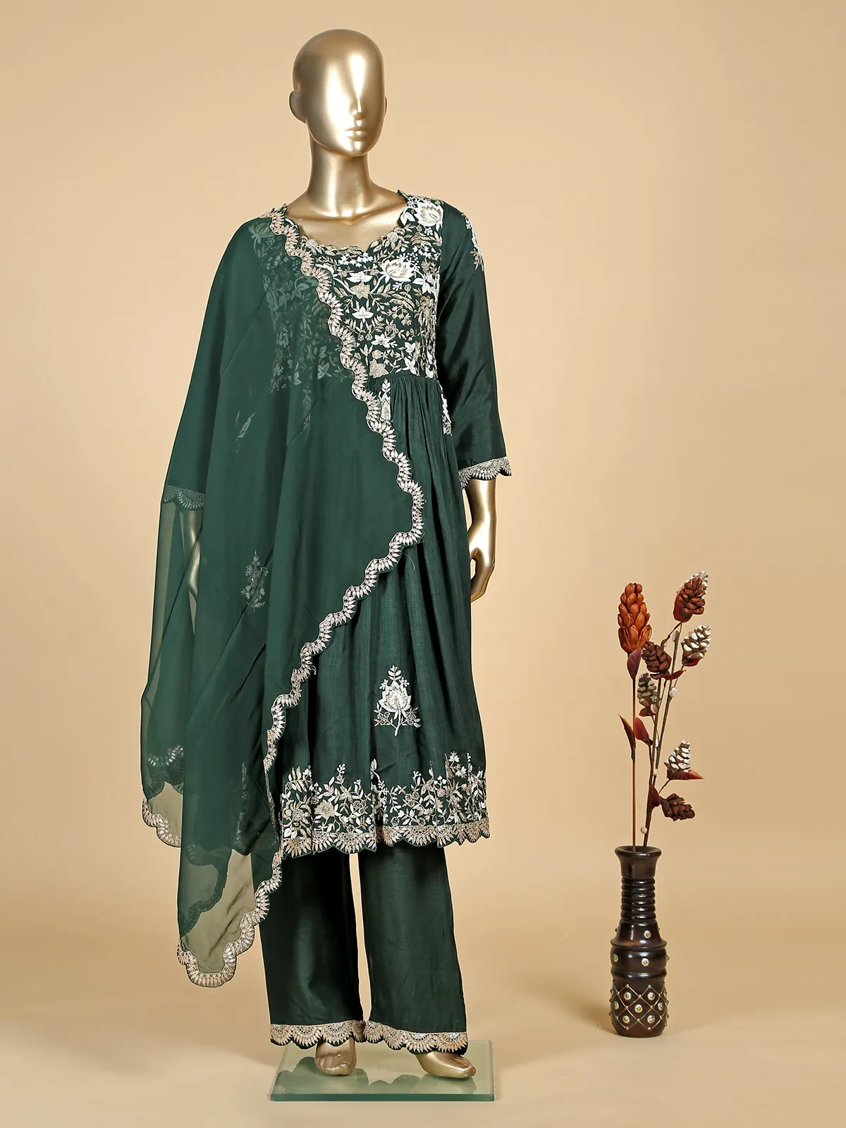 Dark green raw silk palazzo suit