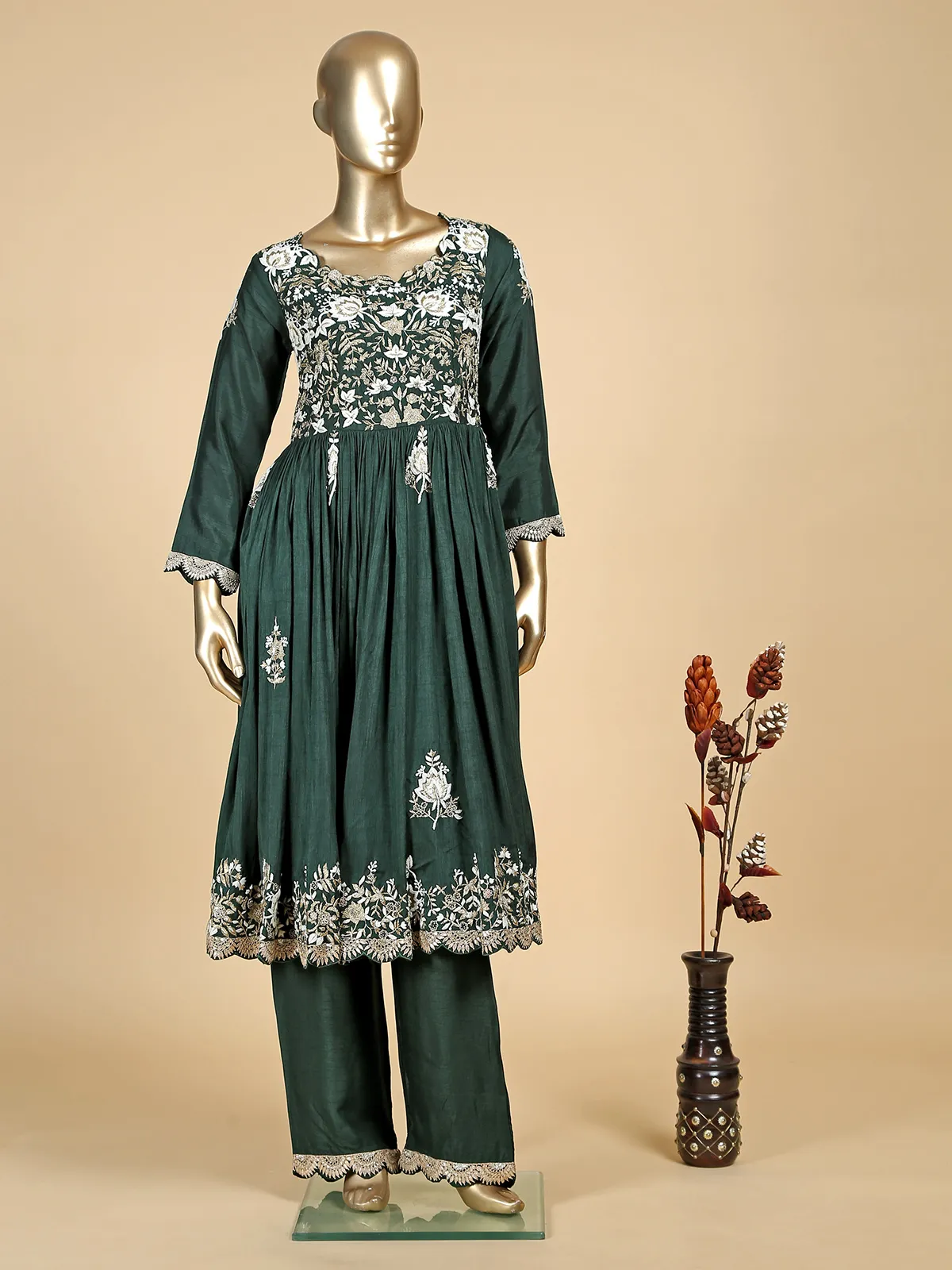 Dark green raw silk palazzo suit