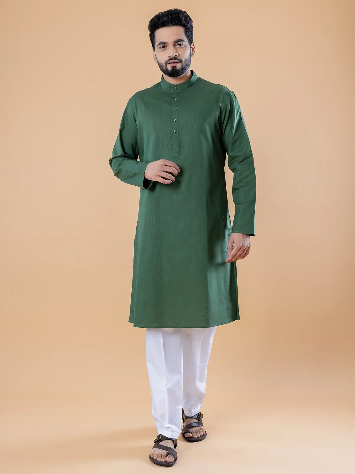 Dark green rich plain cotton  Men Kurta pajama