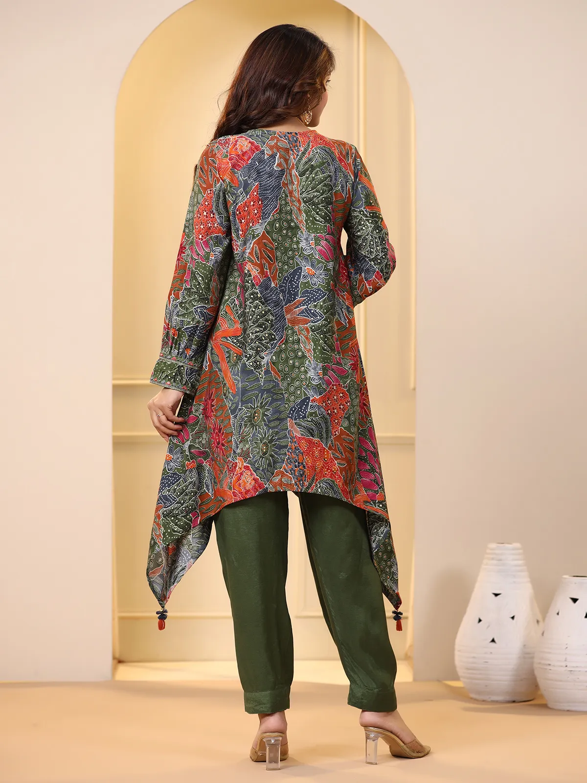 Dark green silk casual kurti set