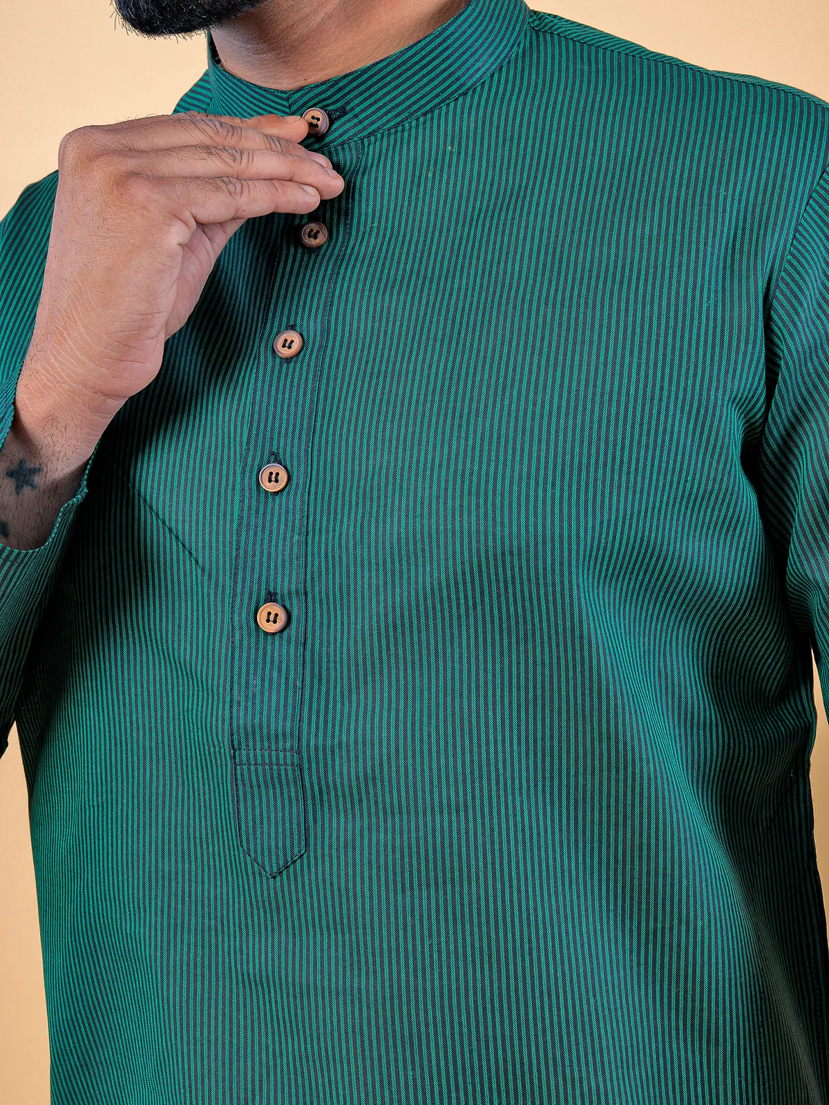 Dark green stripe  Men Kurta pajama in cotton