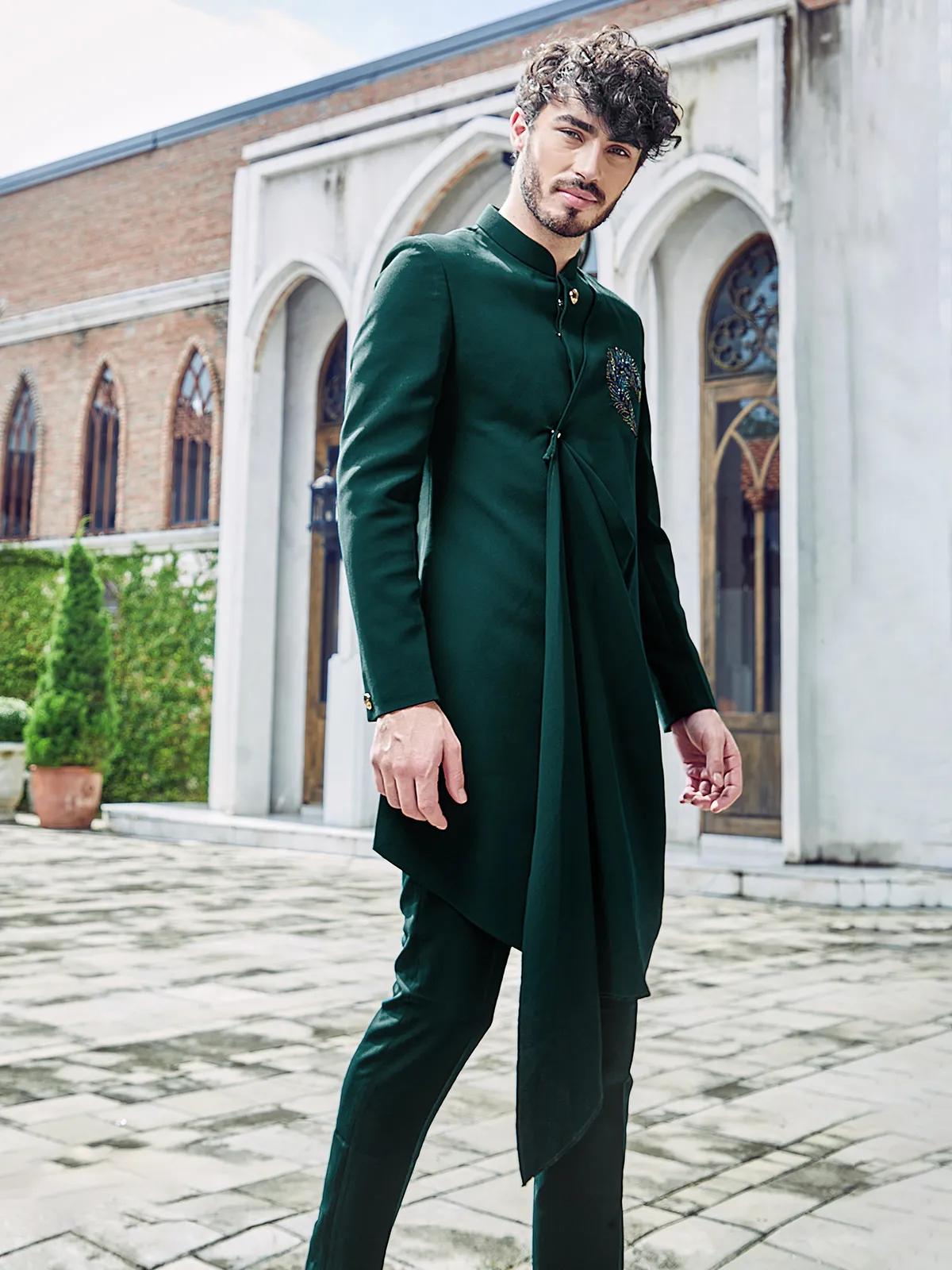 Dark green terry rayon indowestern for reception