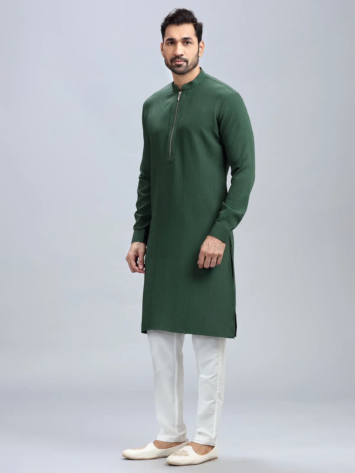 Dark green textured kurta set for men