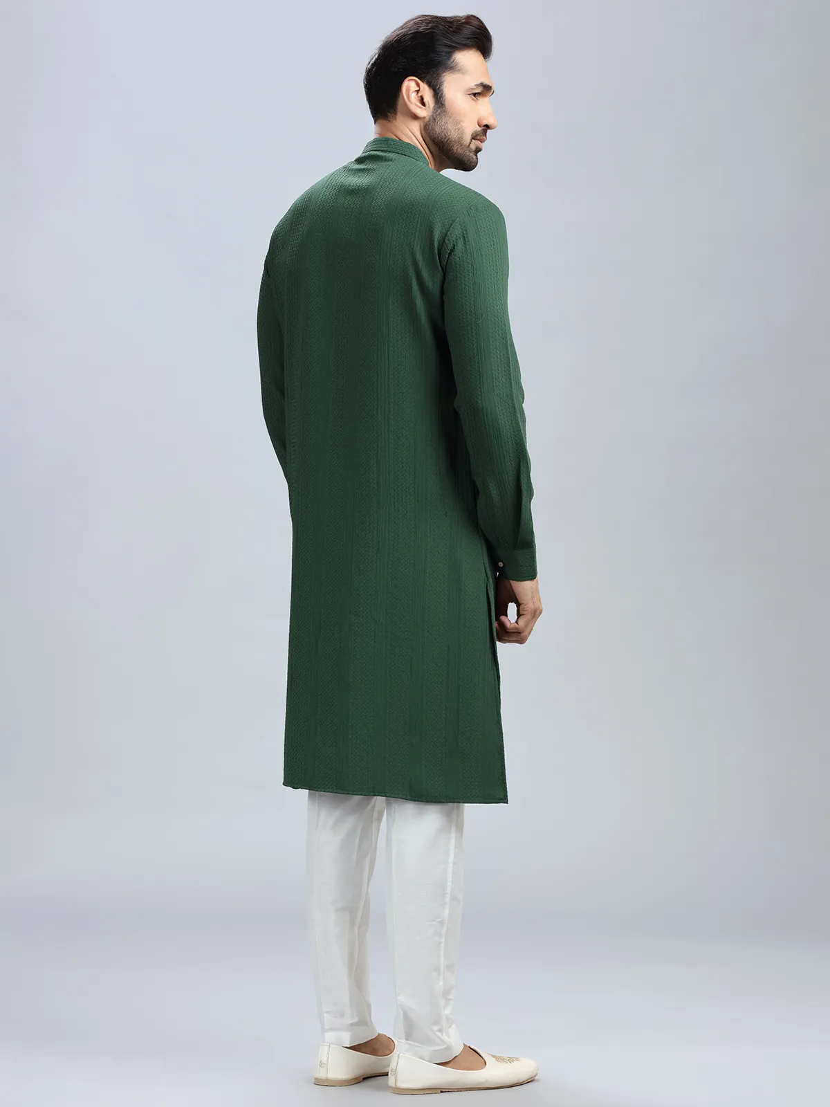 Dark green textured kurta set for men