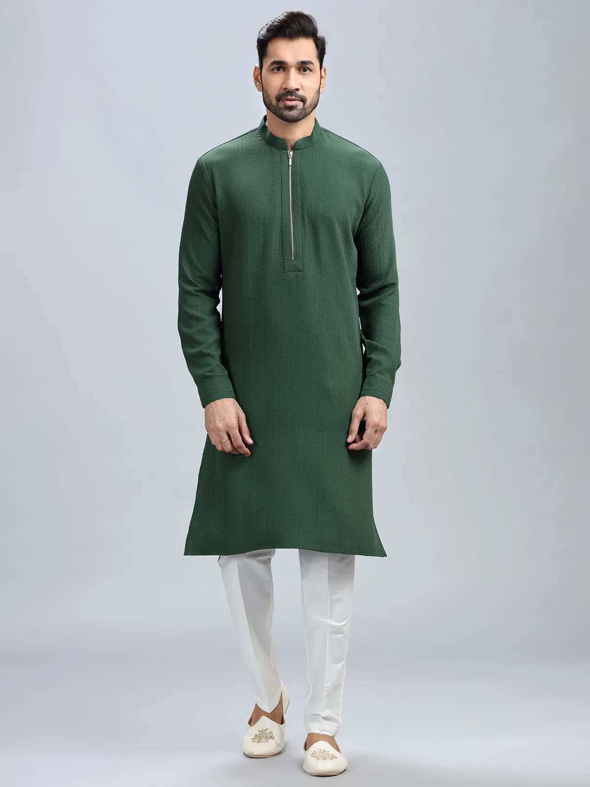 Dark green textured kurta set for men