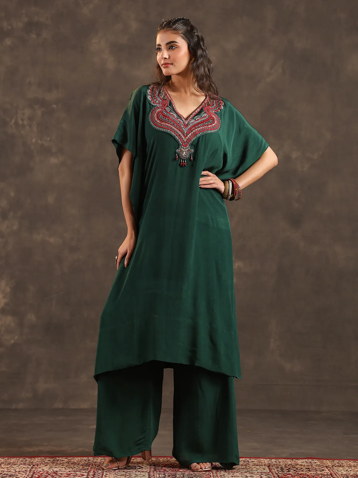 Dark green viscose crepe kaftan palazzo suit with embellishments