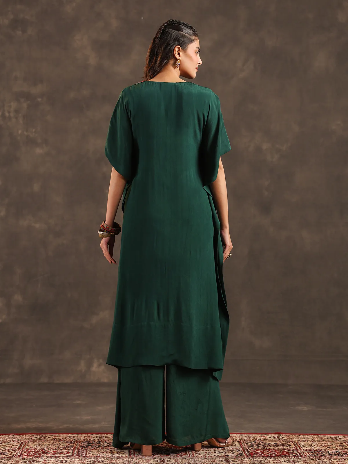 Dark green viscose crepe kaftan palazzo suit with embellishments