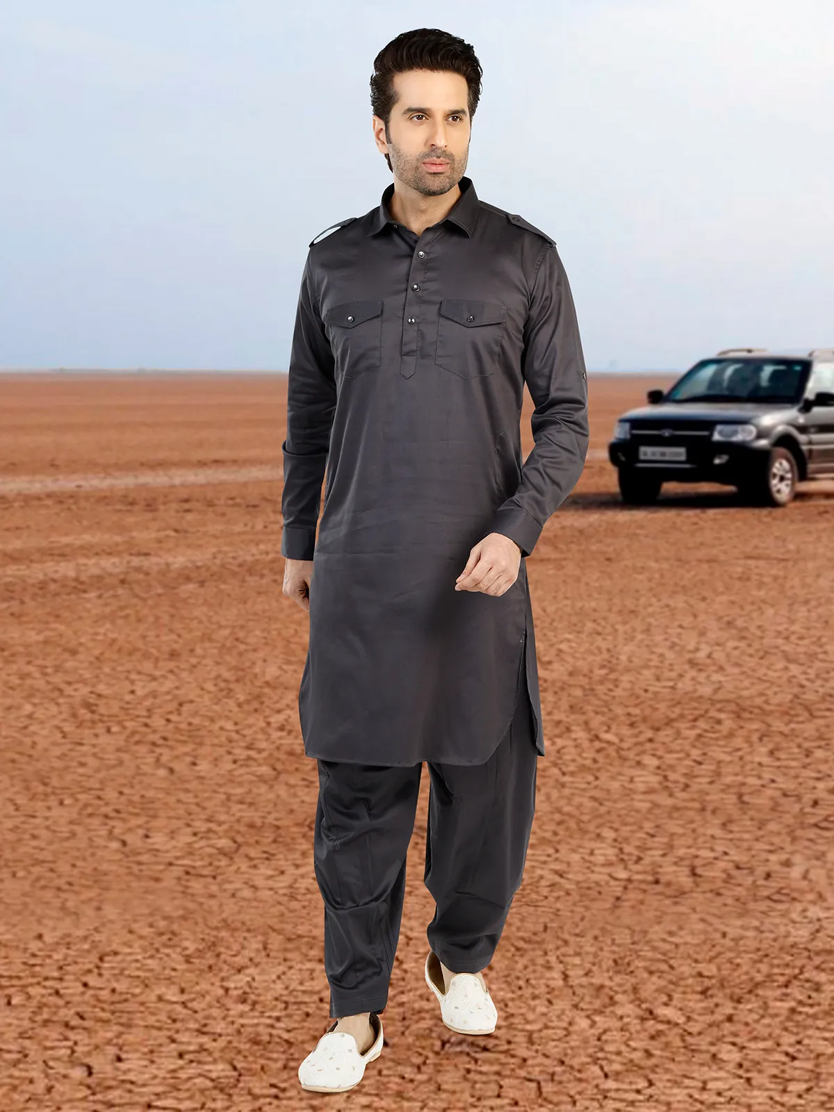 Dark grey cotton plain pathani suit