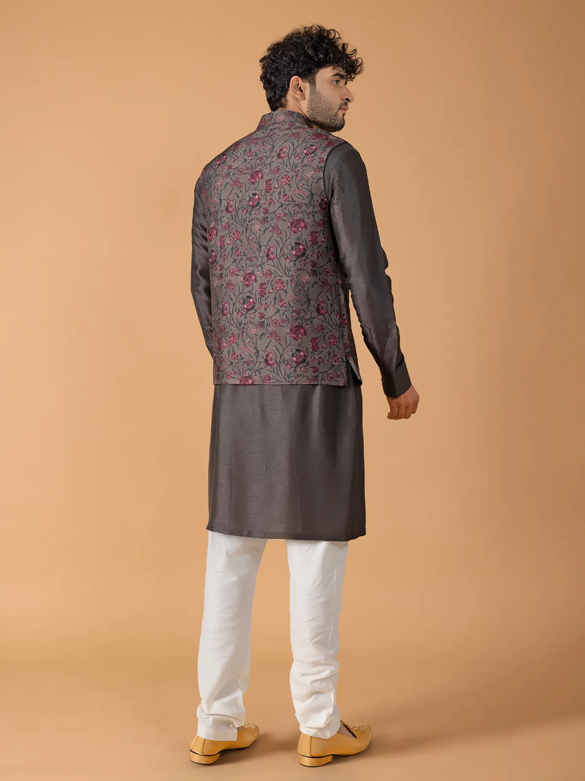 Dark grey cotton printed waistcoat set