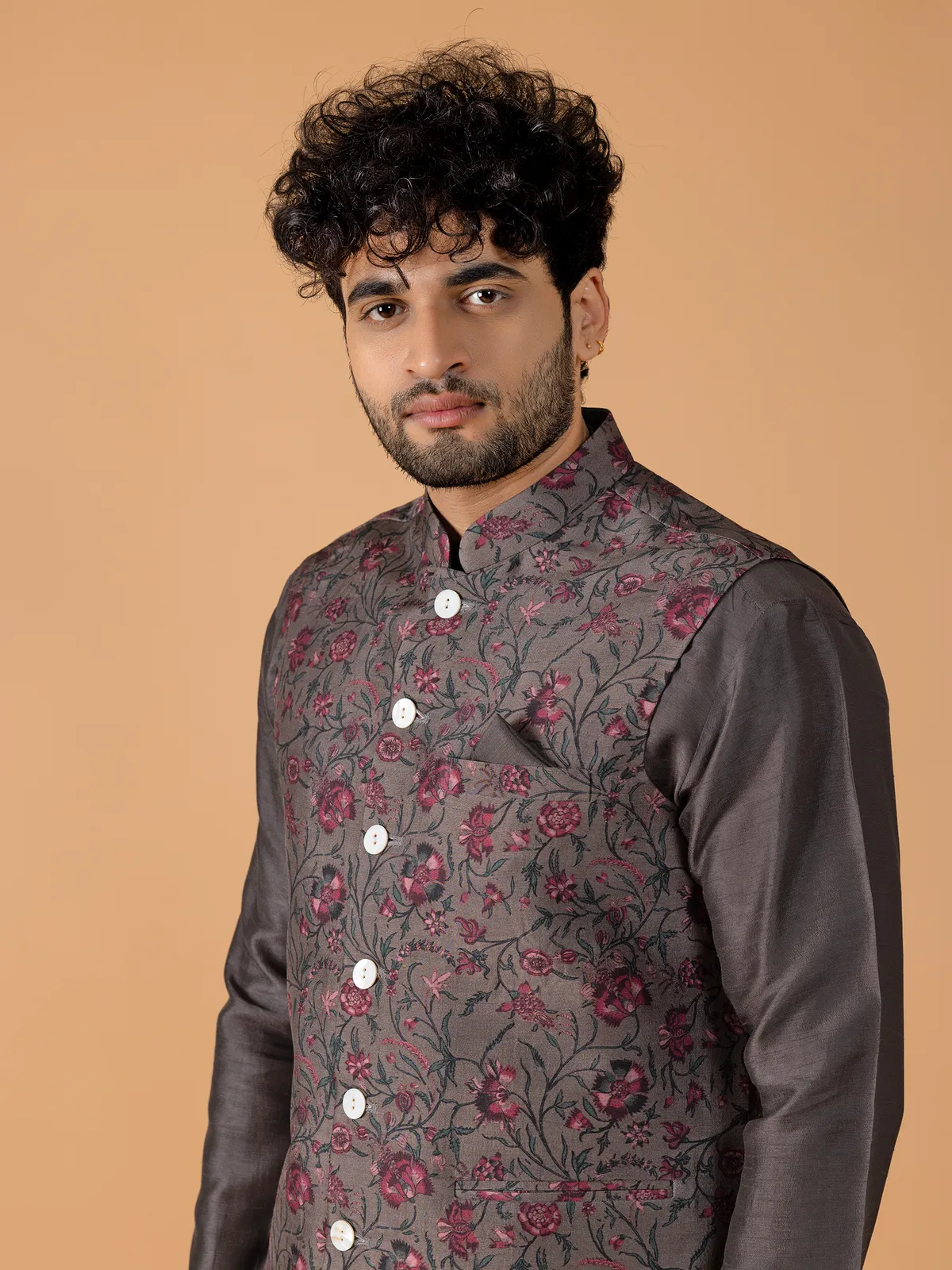 Dark grey cotton printed waistcoat set