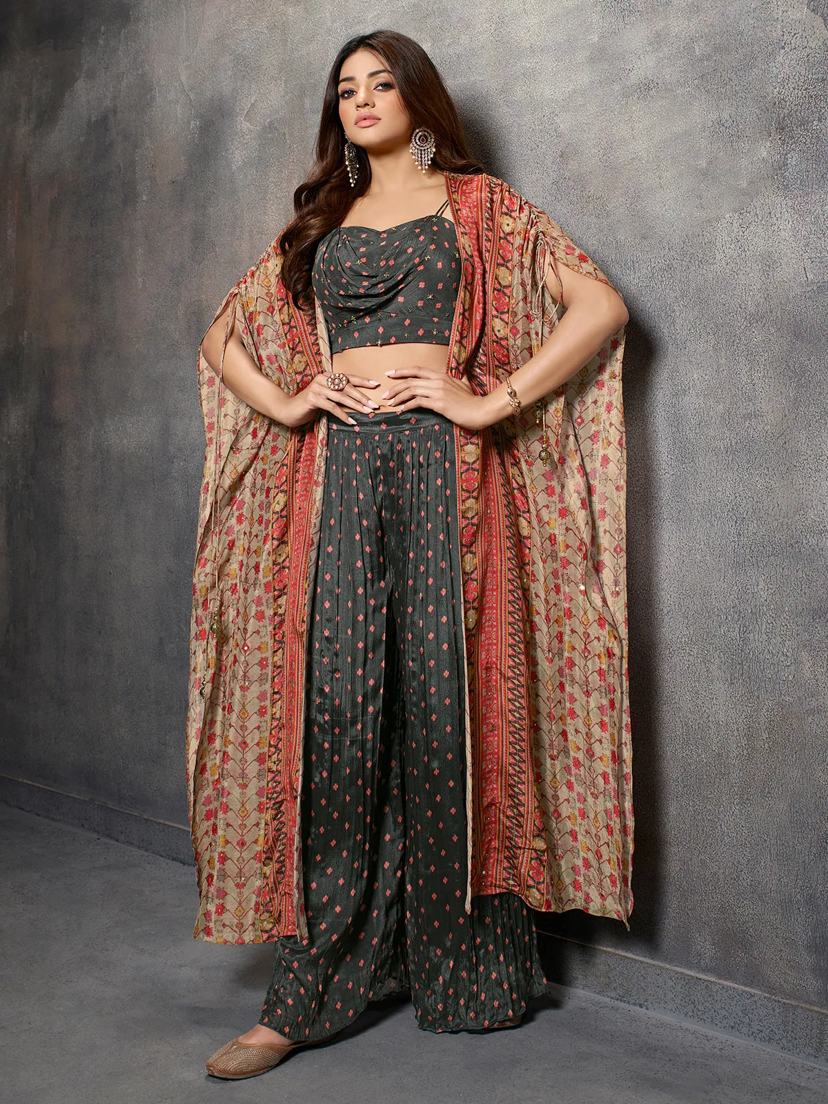 Dark grey jacket style palazzo suit in printed