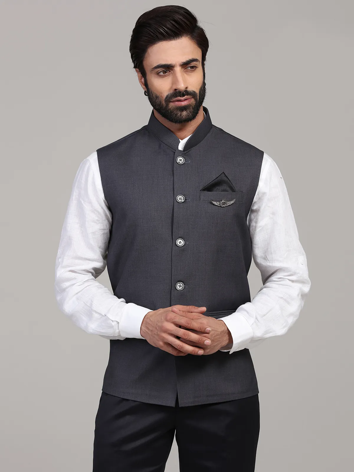 Dark grey solid cotton silk classy waistcoat for men