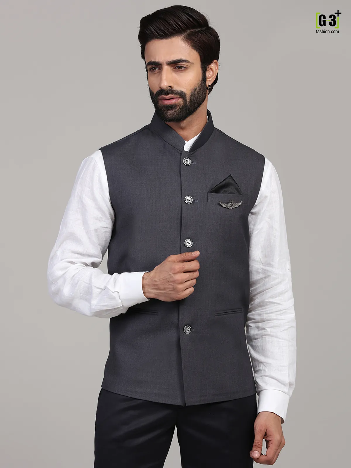 Dark grey solid cotton silk classy waistcoat for men