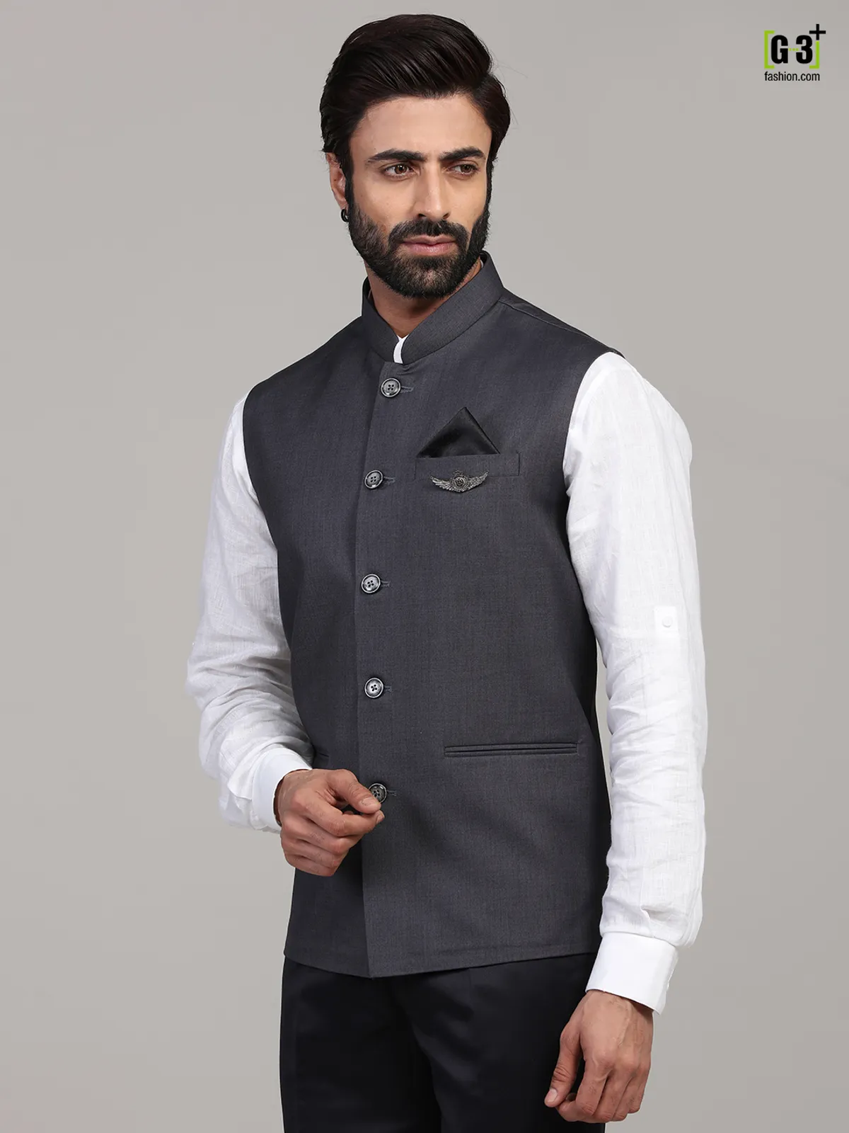 Dark grey solid cotton silk classy waistcoat