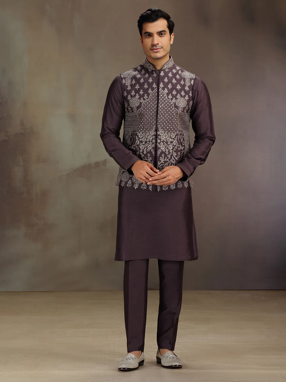 Dark wine wedding wear cotton silk waistcoat set