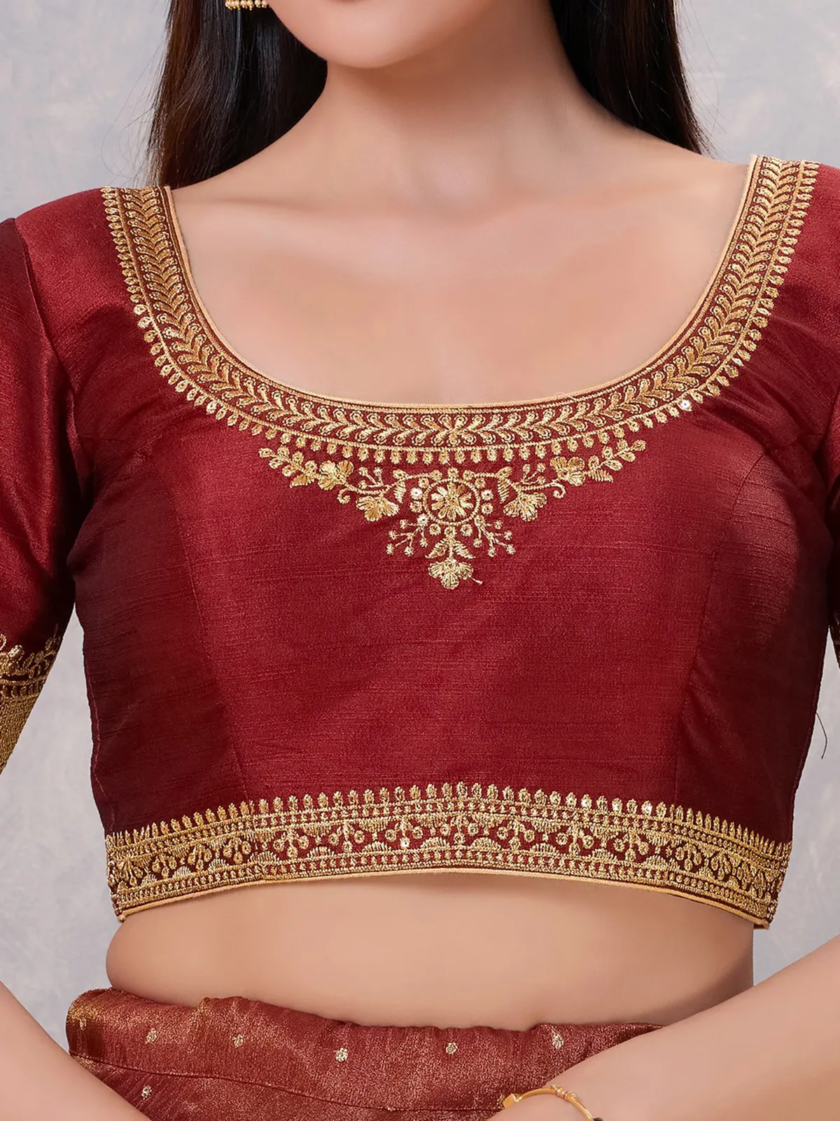 Dark maroon silk embroidery and sequin work blouse