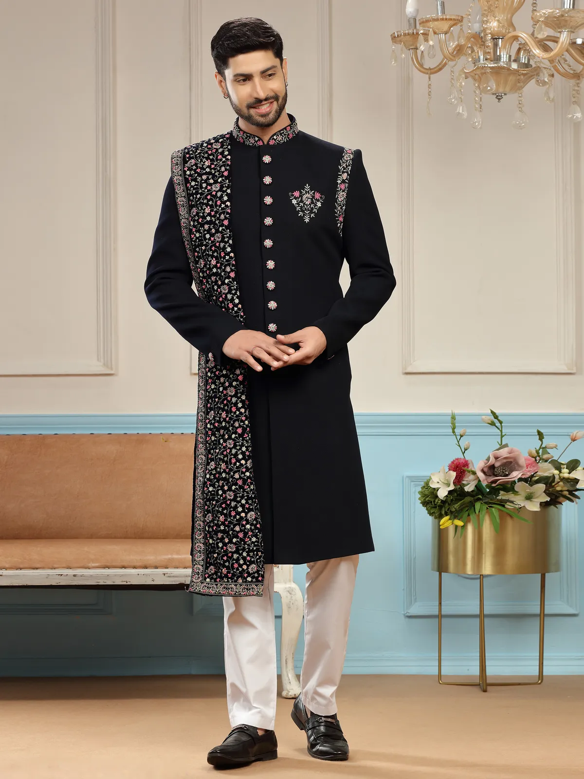 Dark navy terry rayon embroidery sherwani