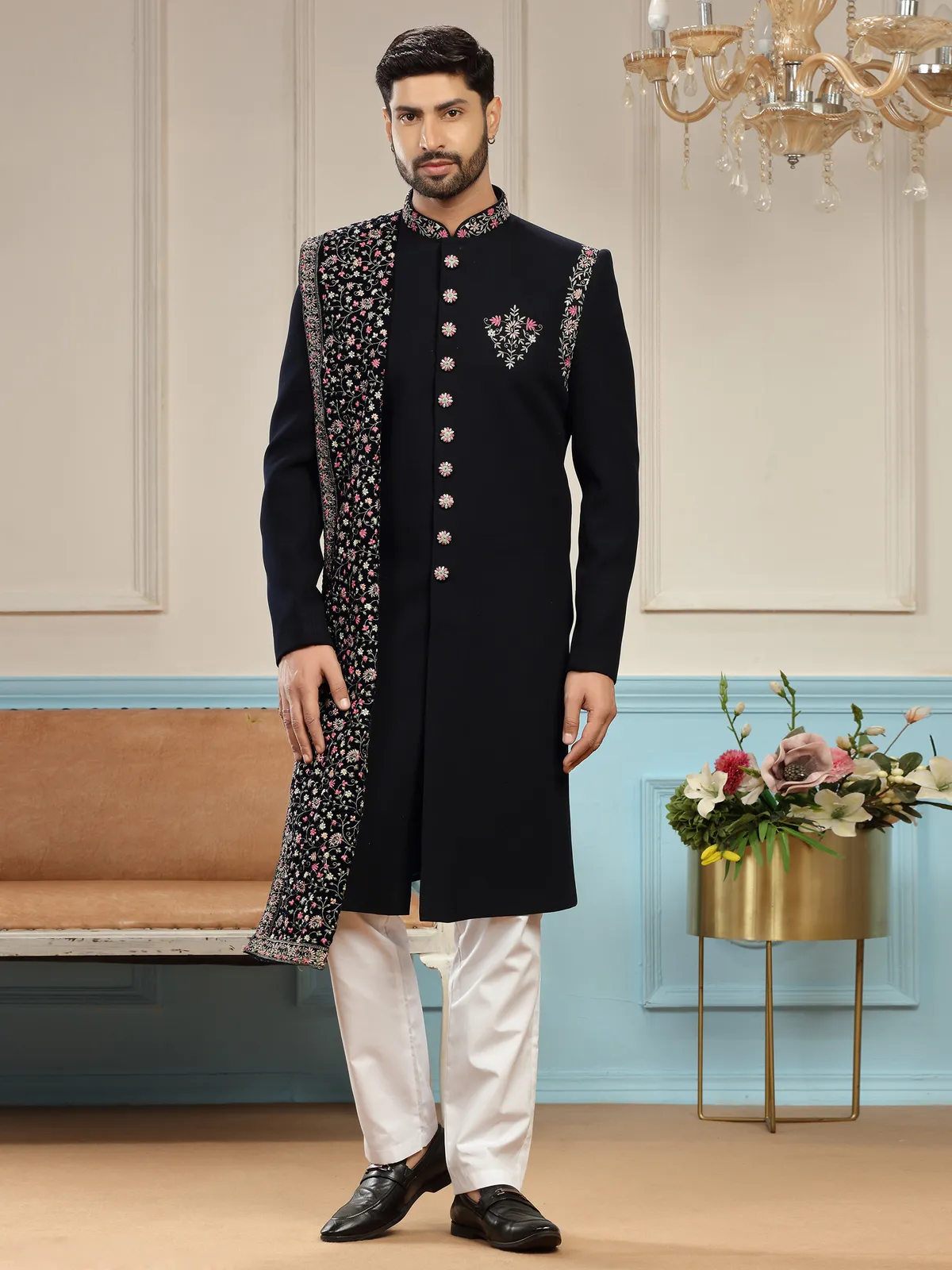 Dark navy terry rayon embroidery sherwani