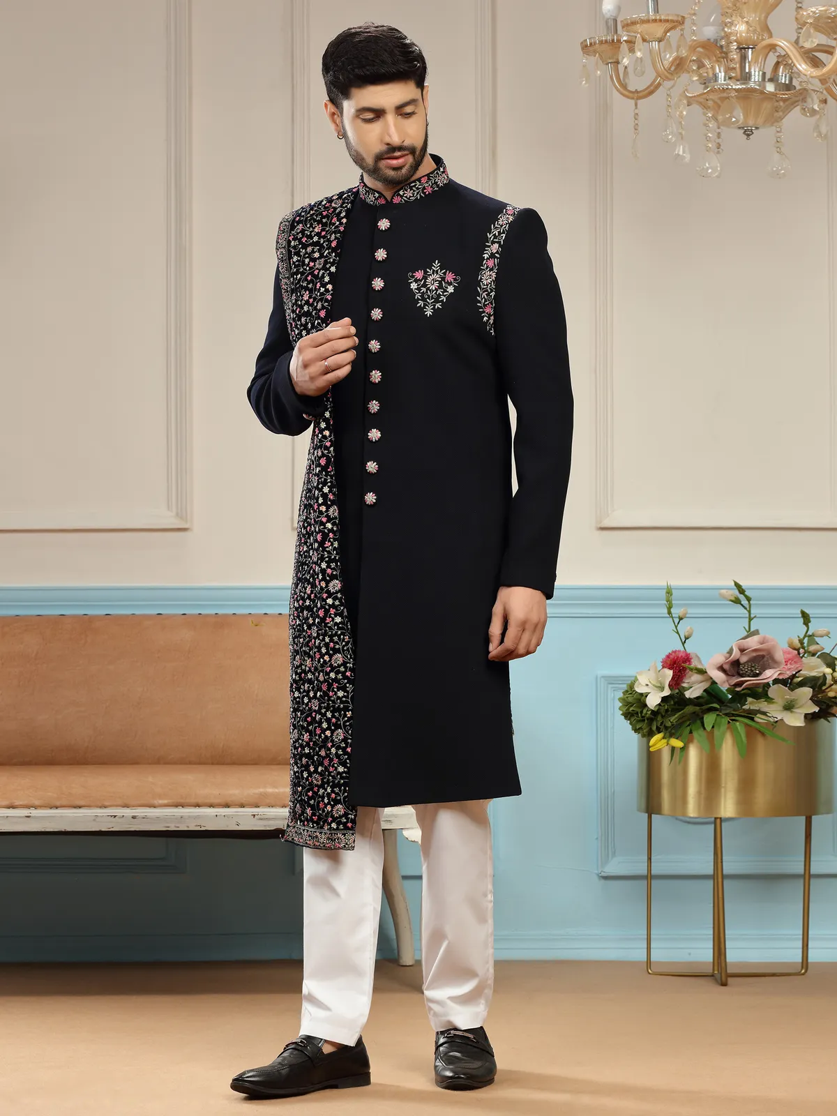 Dark navy terry rayon embroidery sherwani