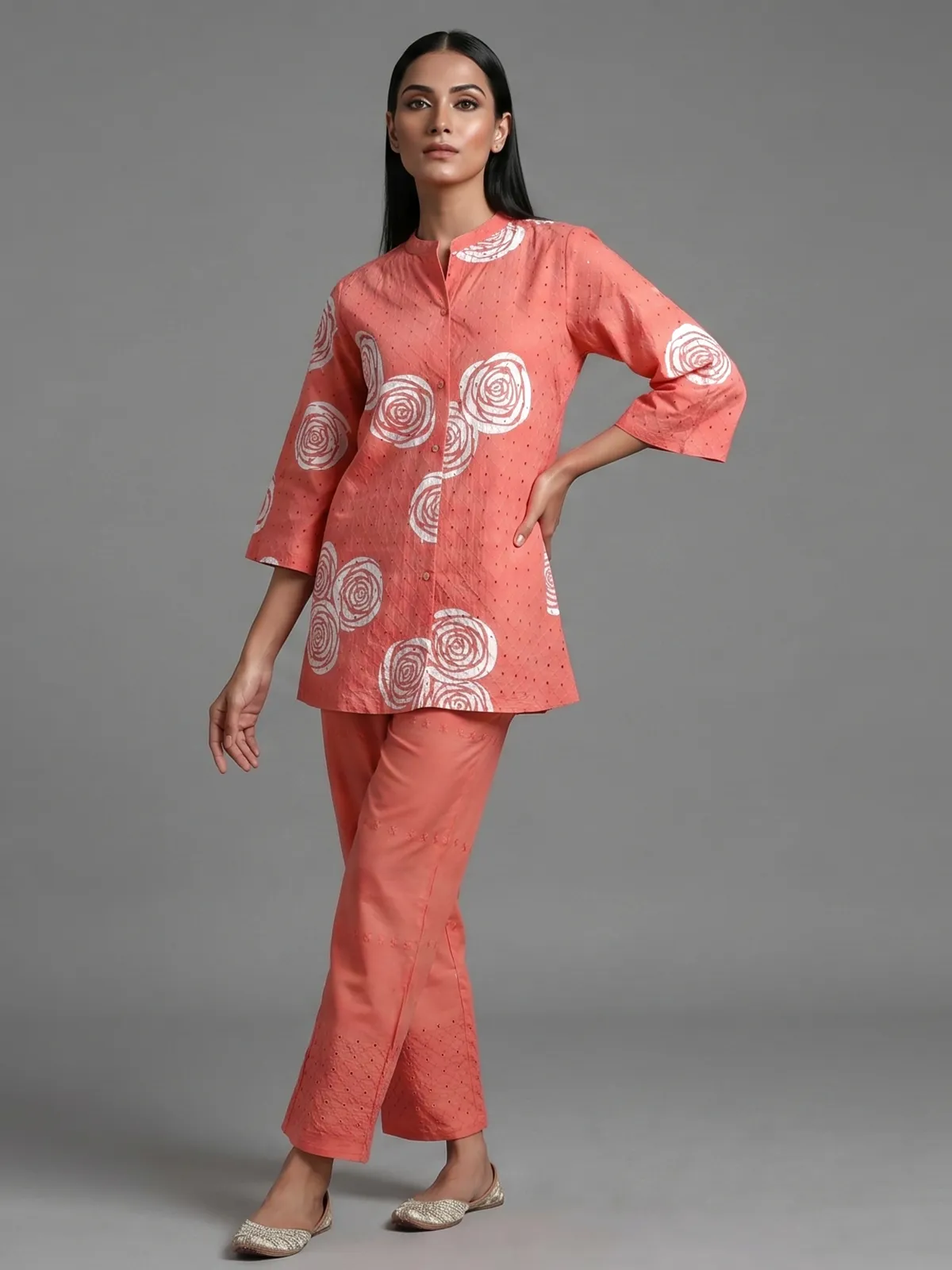 Dark peach cotton co ord set with printed cut work