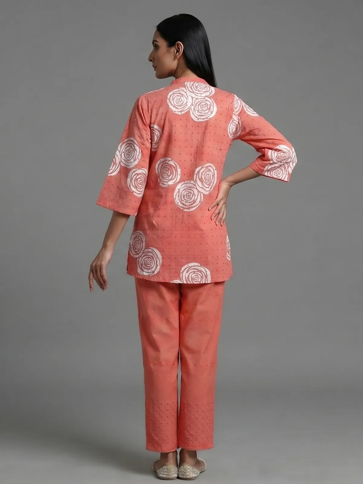 Dark peach cotton co ord set with printed cut work