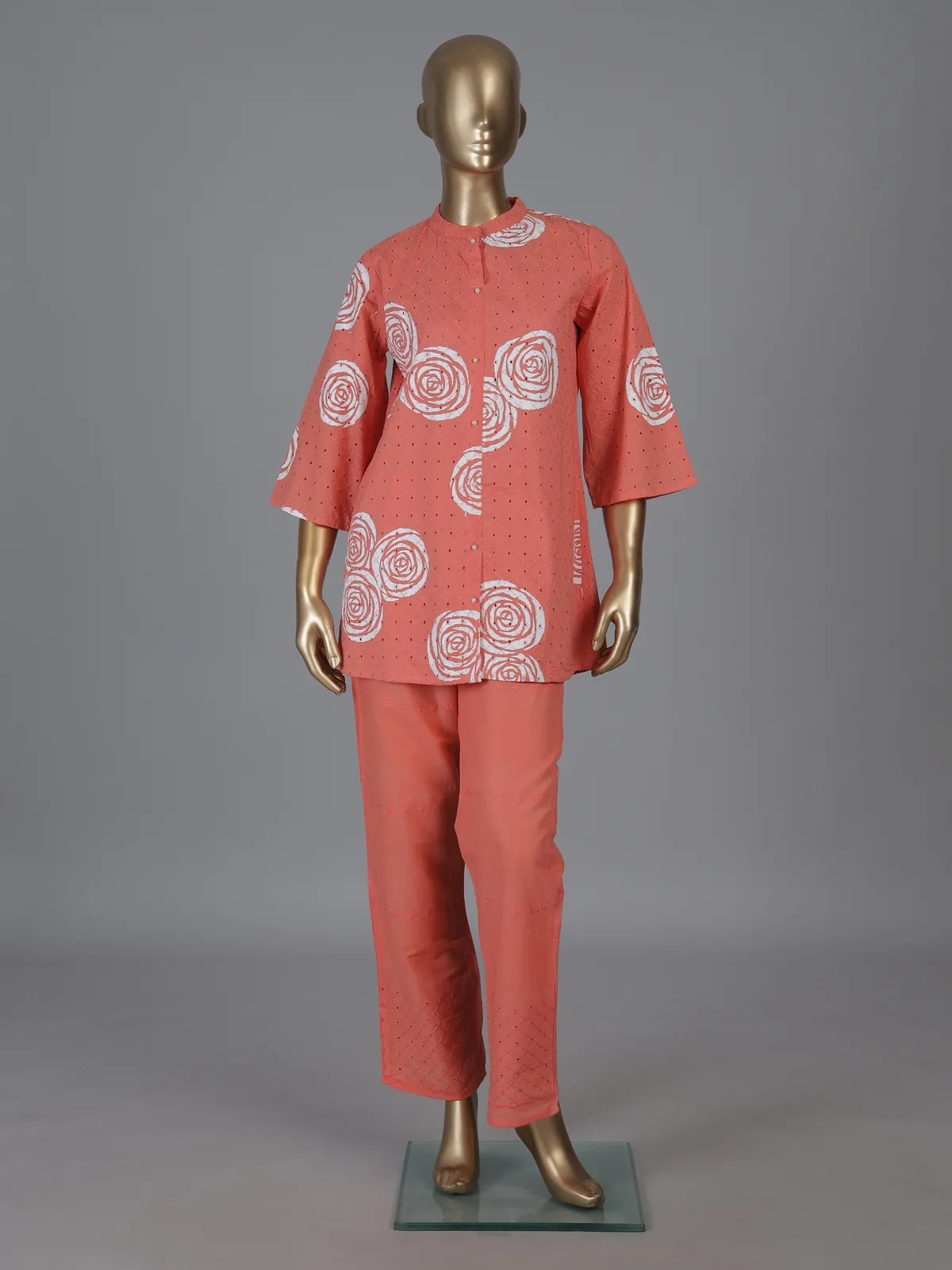 Dark peach cotton co ord set with printed cut work
