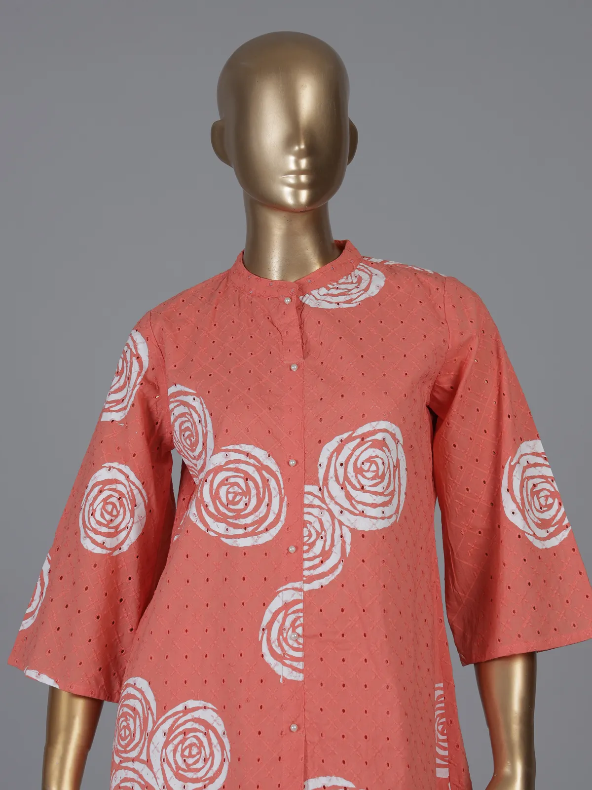 Dark peach cotton co ord set with printed cut work