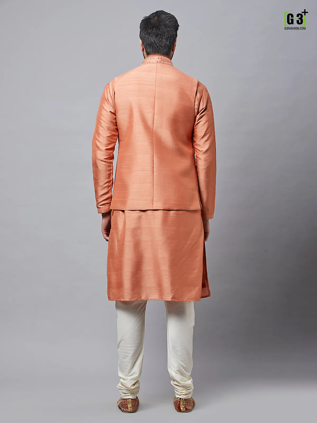 Dark peach wedding raw silk wear waistcoat set for mens