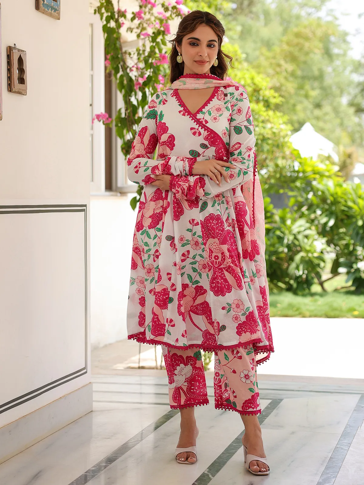 Dark pink and white cotton kurti set