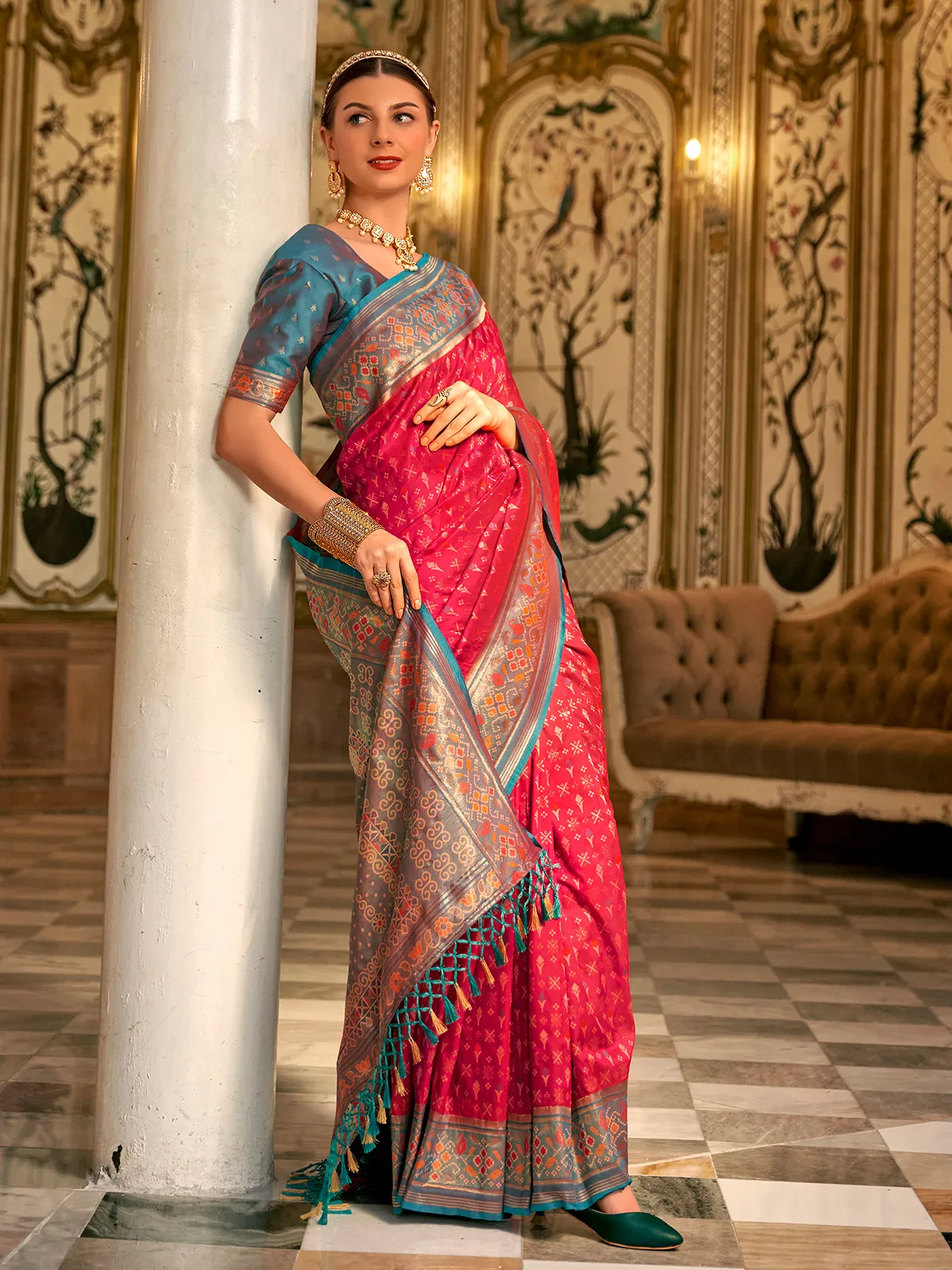 Dark pink banarasi silk printed saree