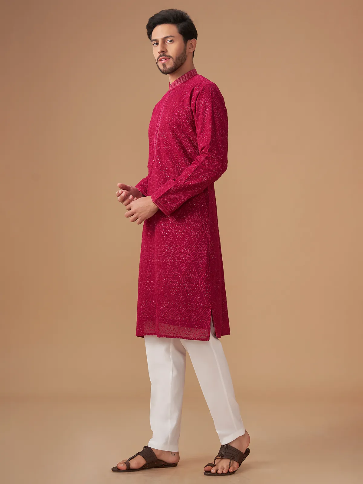 Dark pink georgette  Men Kurta pajama for festive