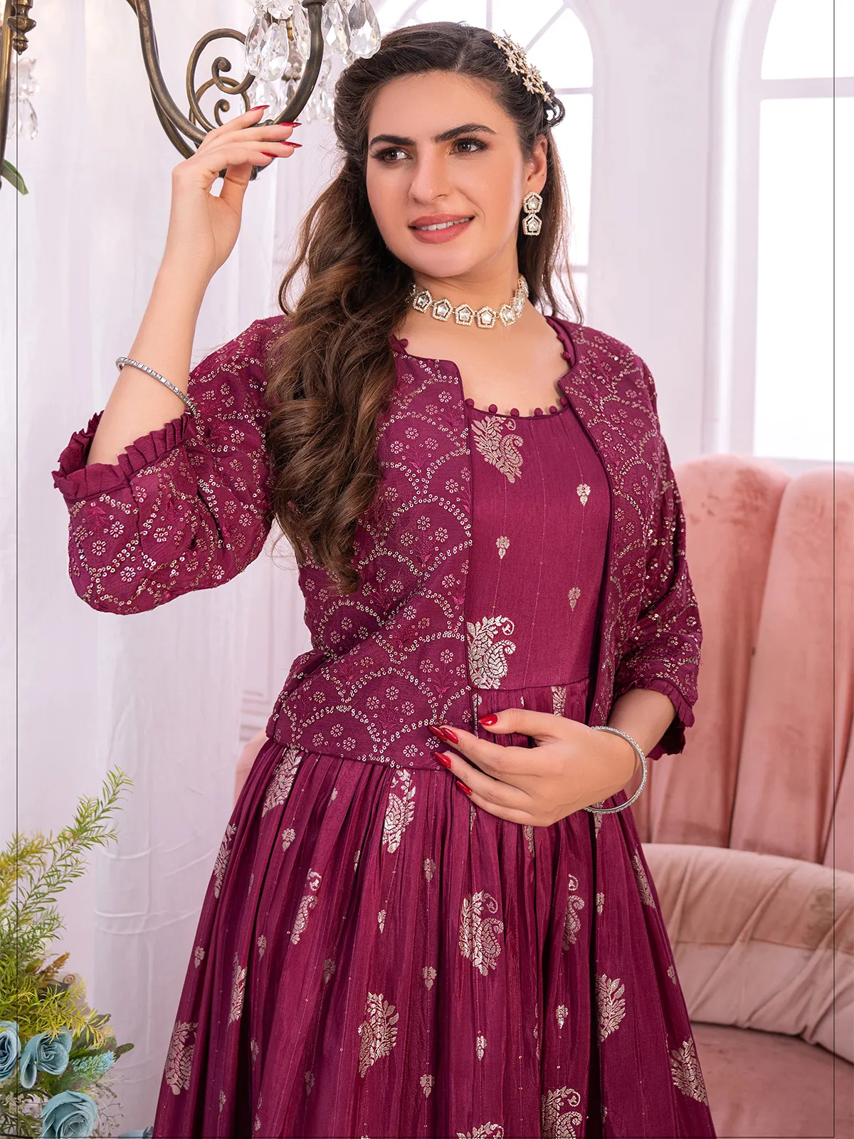 Dark pink jacket style anarkali suit