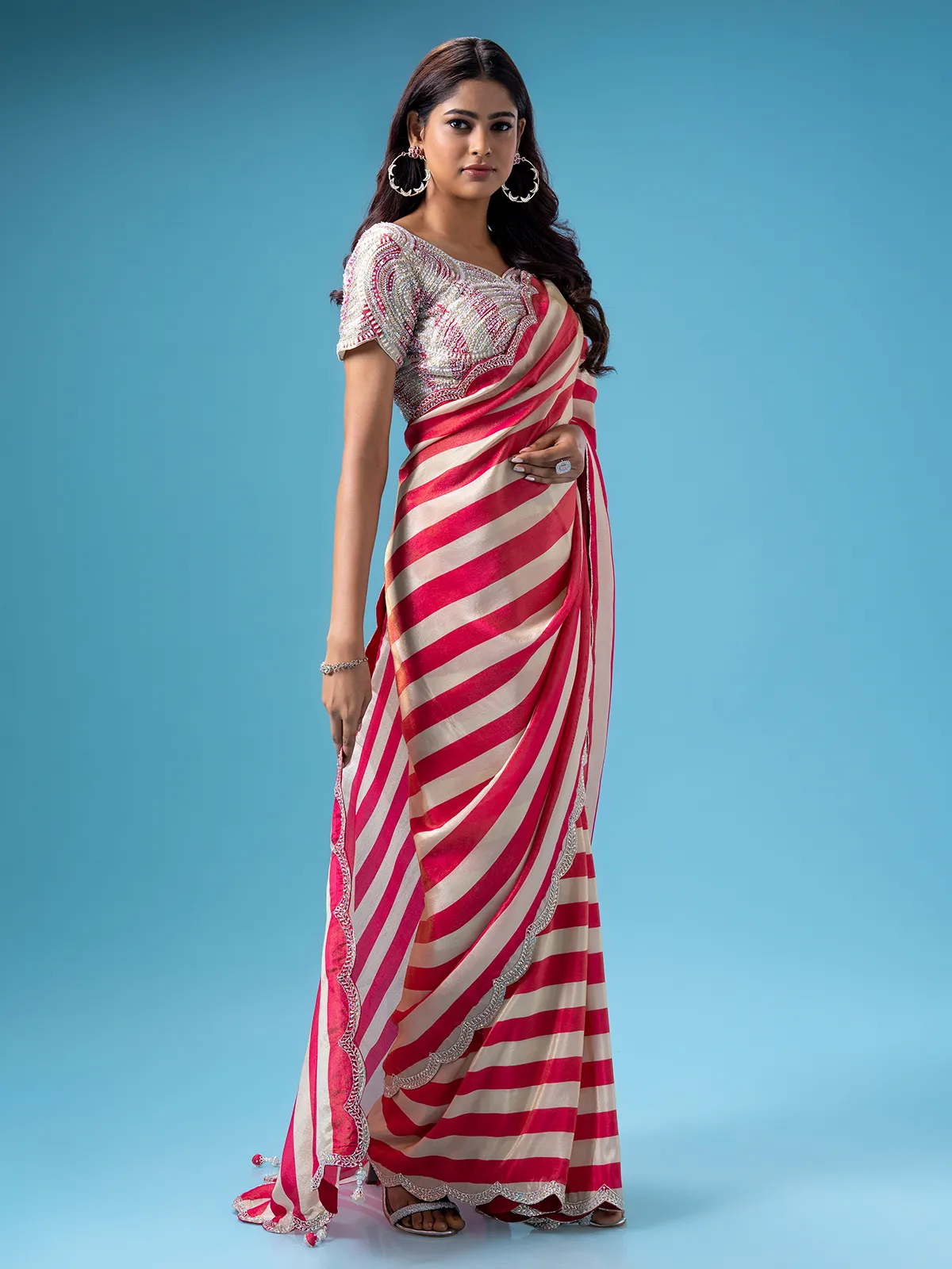 Dark pink mashru silk stripe saree