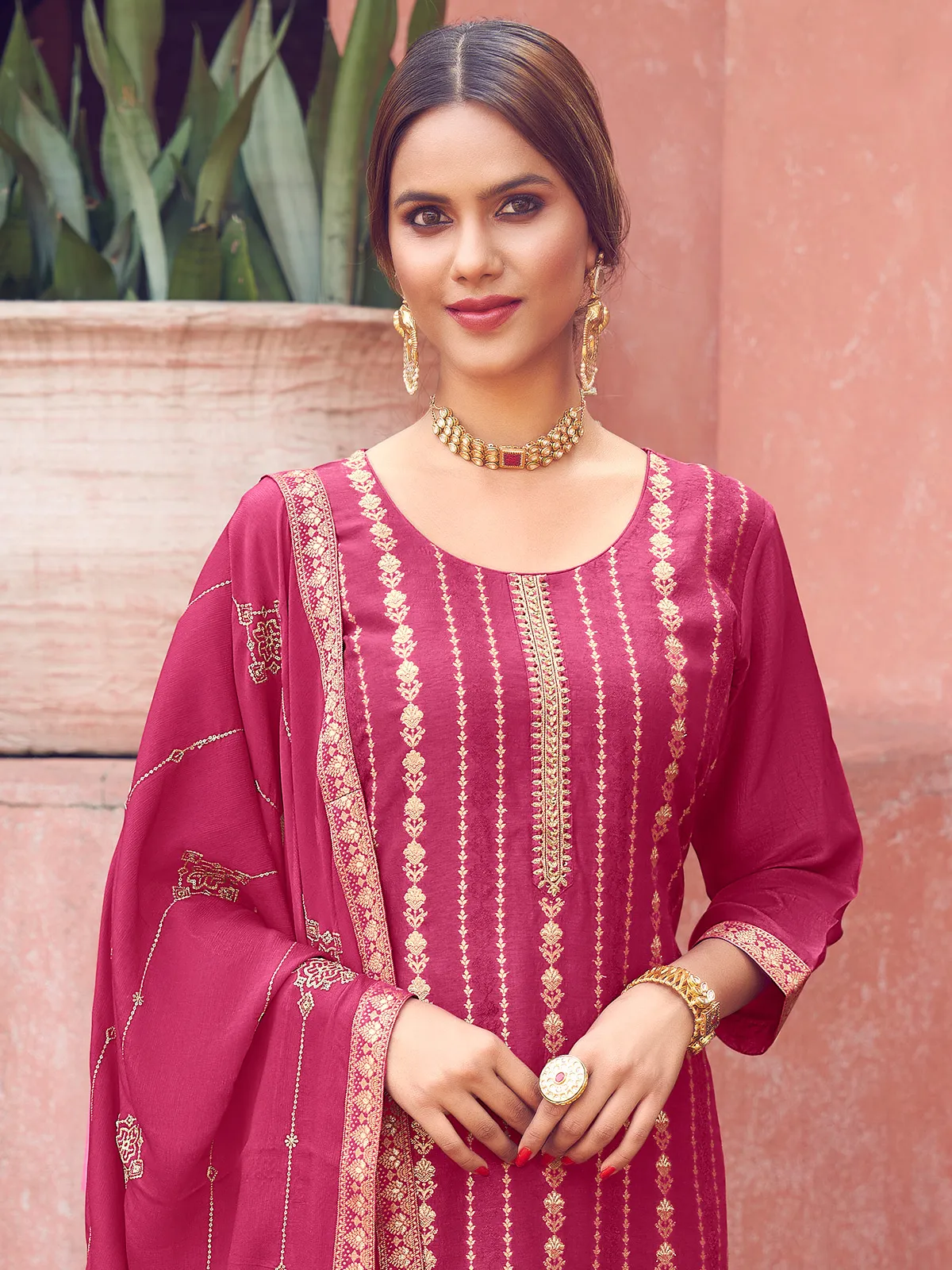 Dark pink silk festive wear salwar suit