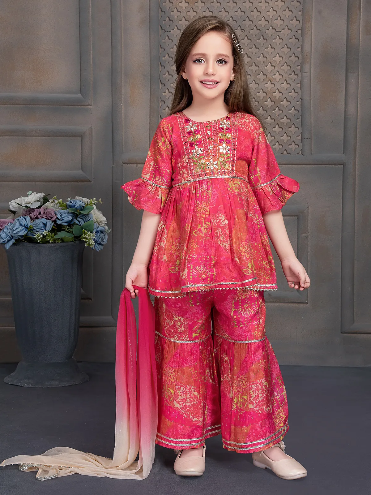 Dark pink silk printed sharara suit