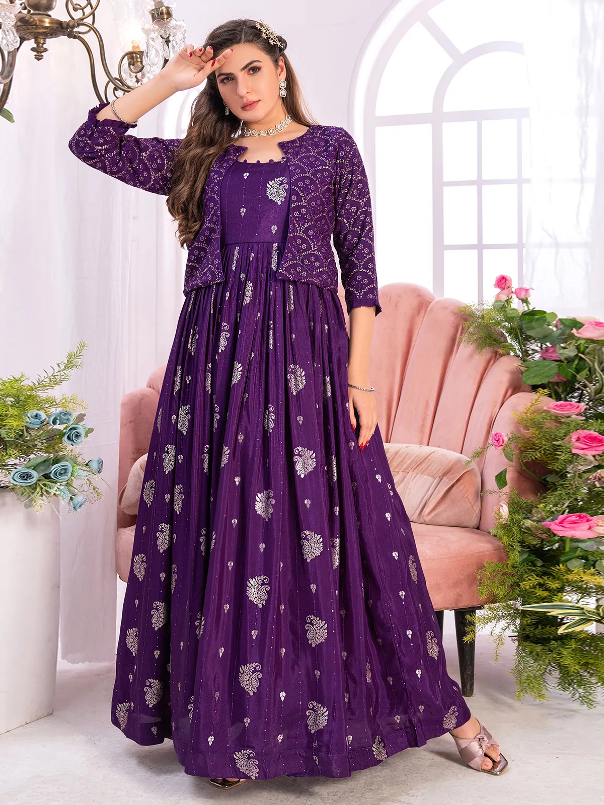 Dark purple banarasi silk anarkali suit