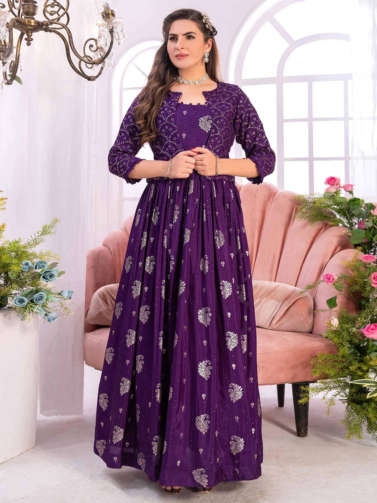 Dark purple banarasi silk anarkali suit