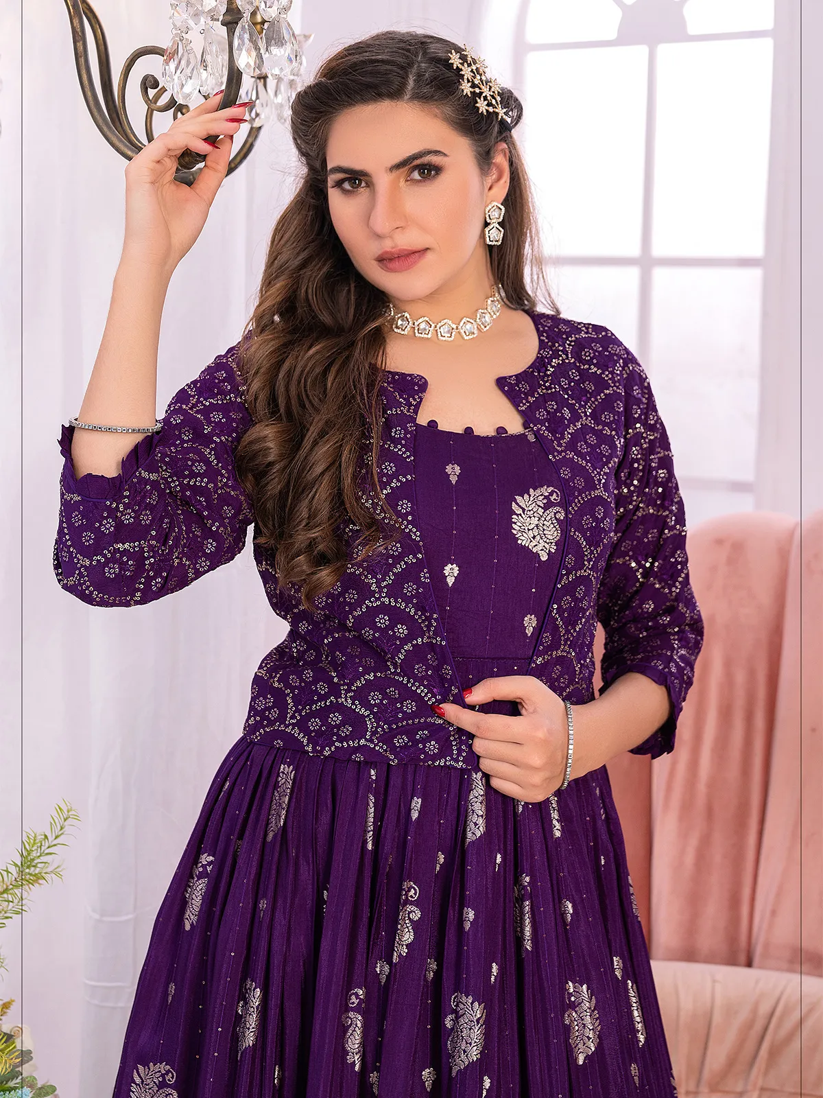 Dark purple banarasi silk anarkali suit