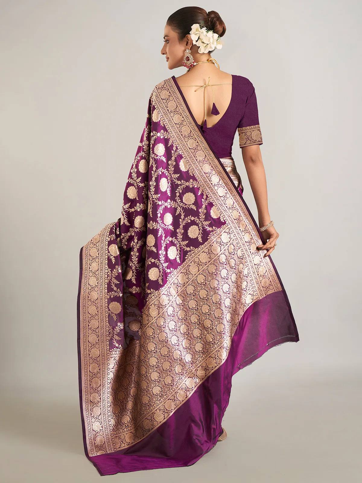 Dark purple banarasi silk saree for wedding wear